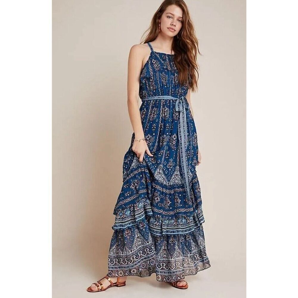 Anthropologie Sasha Ruffled Maxi Dress Blue Floral Size‎ XS